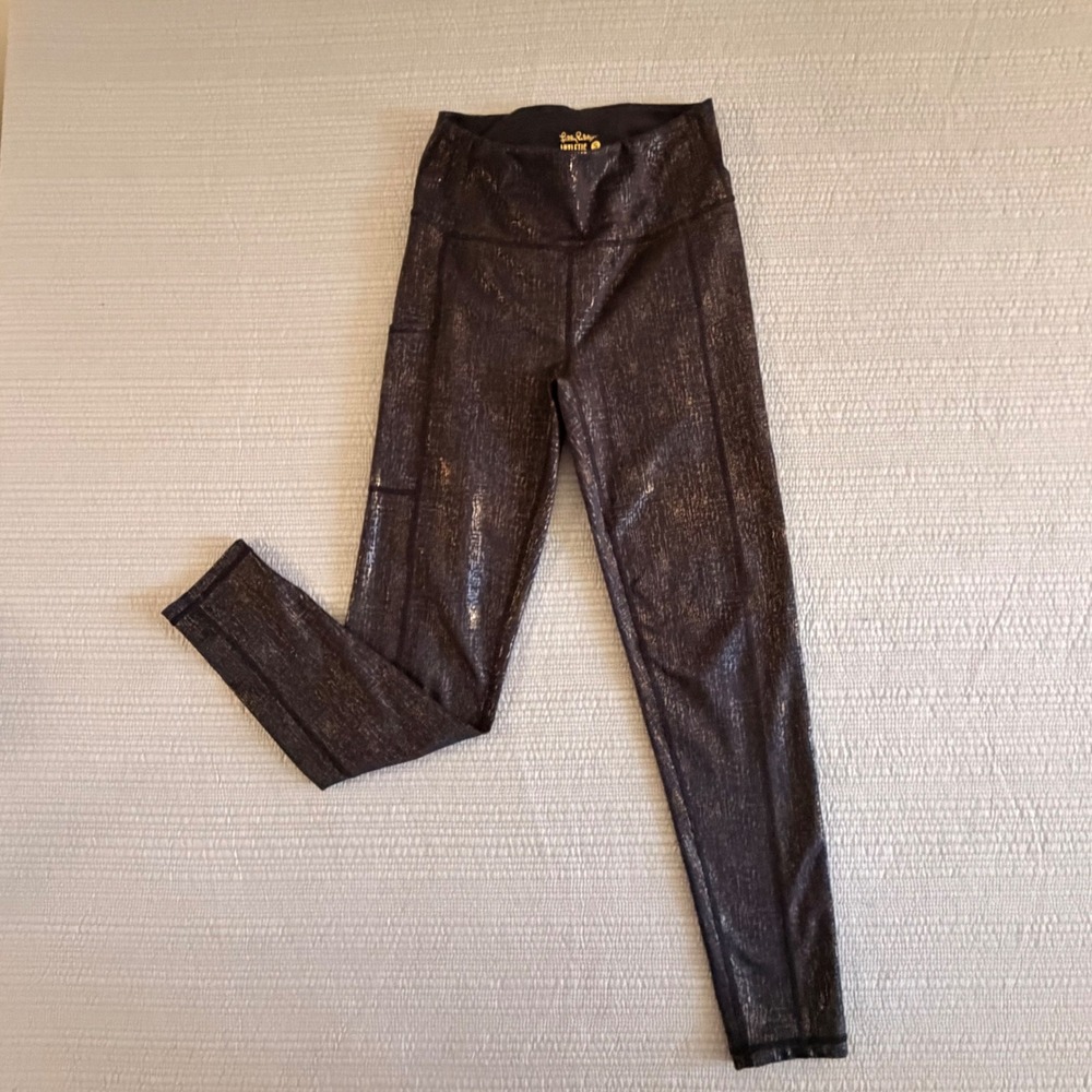 Lilly Pulitzer Women Luxletic Black Gold Metallic Foil High Rise Leggings Size S